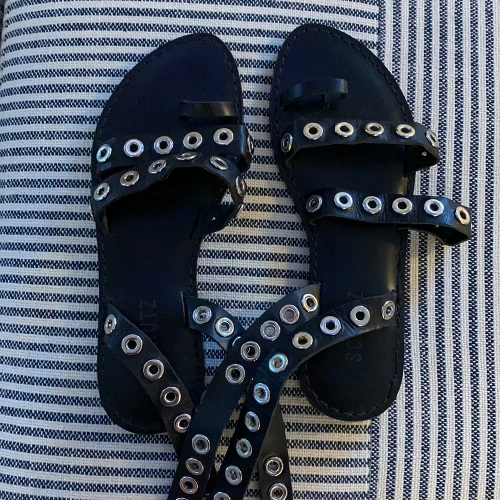 SCHUTZ Black Gladiator Eyelet Leather Sandals - Picture 2 of 7